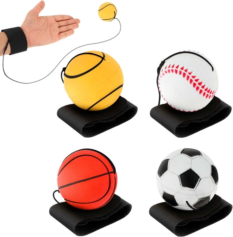 DSLSQD 4 Pieces Wrist Return Ball, 2 Inch Rubber Rebound Ball Wristband On A String Sports Wrist Ball Includes Basketball, Baseball and Football for Teens Adults Wrist Exercise or Play - Image 1